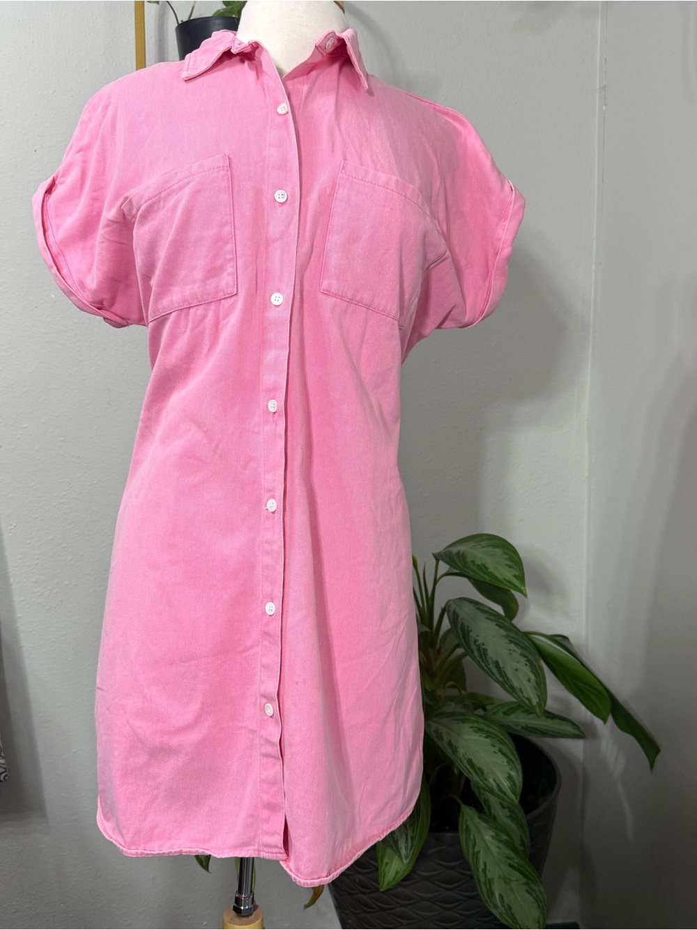 Zilcremo Women’s Pink Button Front Shirt Dress Oversized Mini Tunic Roll Sleeve